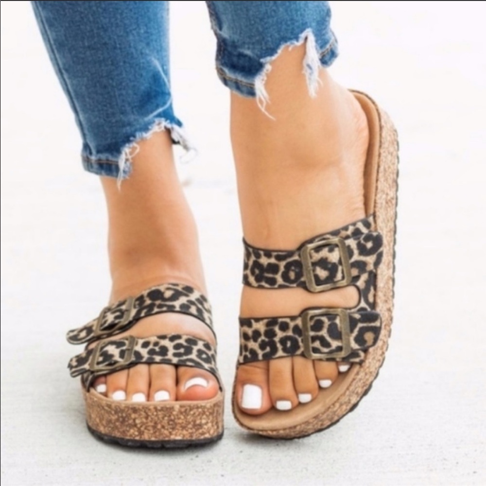 Leopard Print Dual-Buckle Platform Sandals for Women